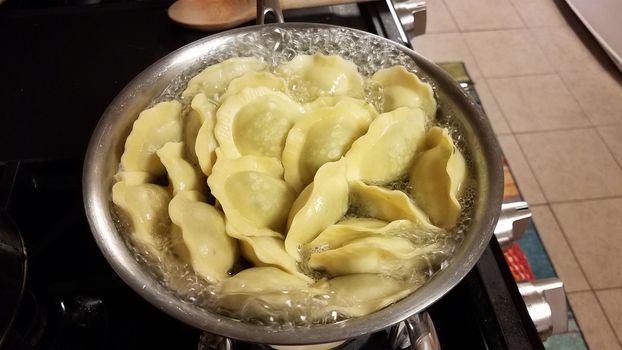 ravioli spinach pasta cooking in pot of boiling hot water on stove