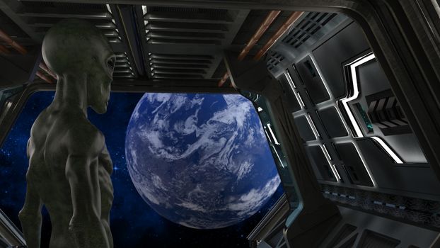 Fantasy alien in a spaceship looking earth - 3d rendering