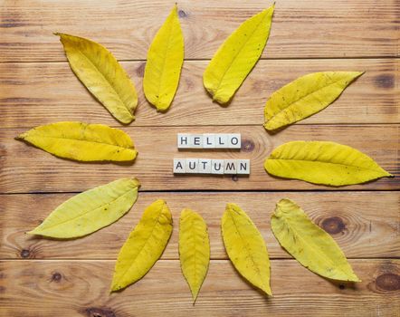 Autumn flat lay with multicolored fallen leaves and hello autumn lettering on wooden background