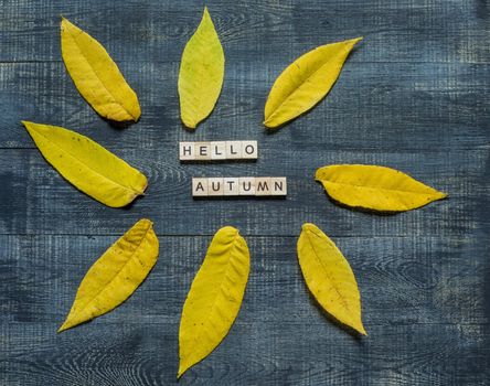 Autumn flat lay with multicolored fallen leaves and hello autumn lettering on wooden background