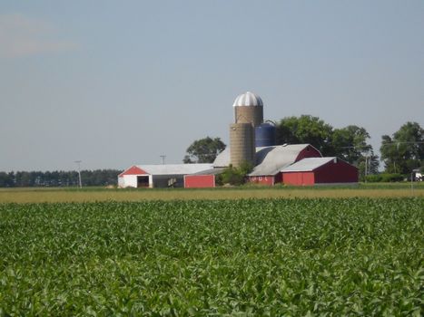 This is a family farm at sunset on a summer's day. 