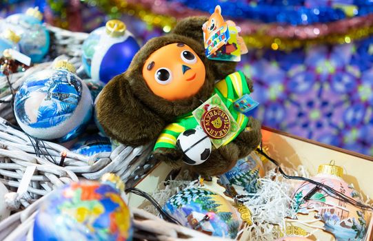 23 November 2018, Moscow, Russia. Christmas tree toy Cheburashka in the shopping center GUM on red square in Moscow.
