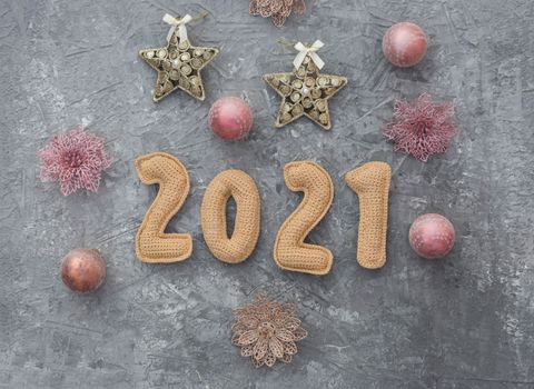 Christmas background with chroched 2021 number with copy space top view.