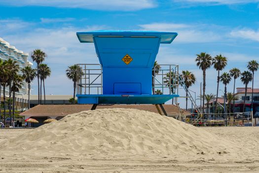 Lifeguard tower on the Huntington Beach during sunny day. Southeast Los Angeles, California. USA,