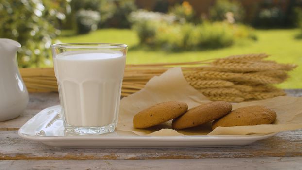 Close up glass of milk, cookies and ears of wheat on a wooden table in the garden of a country house