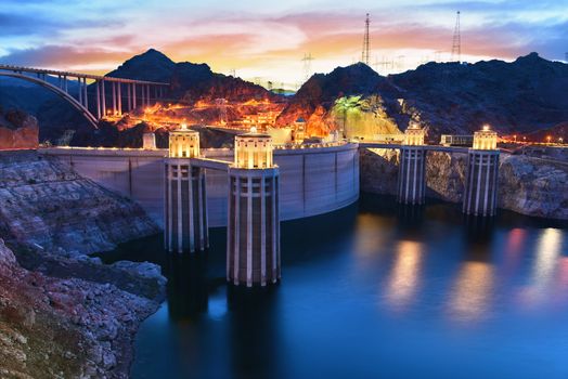 The Hoover Dam at sunset near Lake Mead, Boulder, Nevada USA.