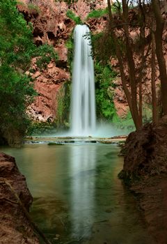 The Mooney Falls at the end of the campground in Supai Village, Havasupai, Arizona USA