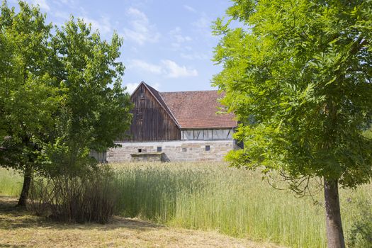Old farmhouse and trees in rural landscape