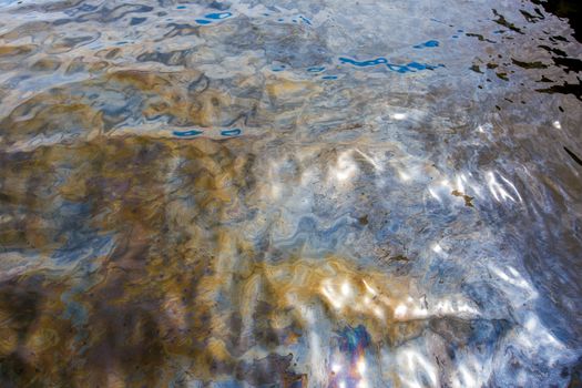 Ecological catastrophy. Spill of oil products into the sea. Poisonous oil products float on the surface of the clean sea.