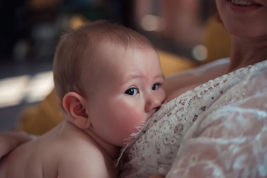 Mother in white dress breastfeeding cute baby boy with child looking at camera