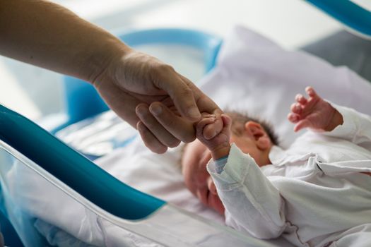 Beautiful newborn baby boy, laying in a small crib holding his father finger in prenatal hospital