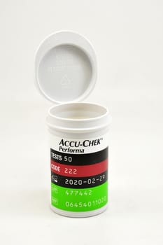 MANILA, PH - SEPT 10 - Accucheck performa glucose test strip canister on September 10, 2020 in Manila, Philippines.