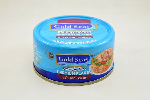 MANILA, PH - SEPT 10 - Gold seas yellowfin tuna premium flakes in oil and spicy can on September 10, 2020 in Manila, Philippines.