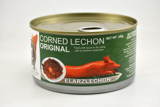 MANILA, PH - SEPT 10 - Elarz lechon (roasted pork) corned lechon original can on September 10, 2020 in Manila, Philippines.