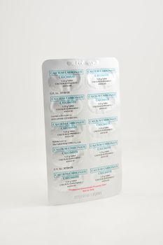 MANILA, PH - SEPT 10 - Calcium carbonate calcimate supplement blister foil pack on September 10, 2020 in Manila, Philippines.