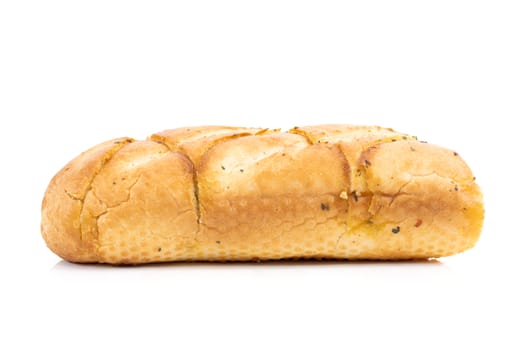 Tasty bread with garlic cheese and herbs on a white background