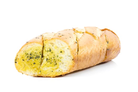 Tasty bread with garlic cheese and herbs on a white background