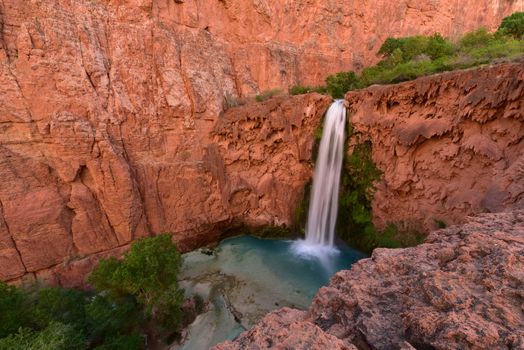 Mooney Falls at the end of the campground in Supai Village, Havasupai, Arizona USA