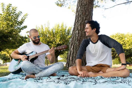 Two friends having fun and playing guitar in the park