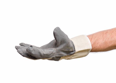 Worker showing outstretched palm gesture - offering or begging concept. Male hand wearing working glove, isolated on white background.