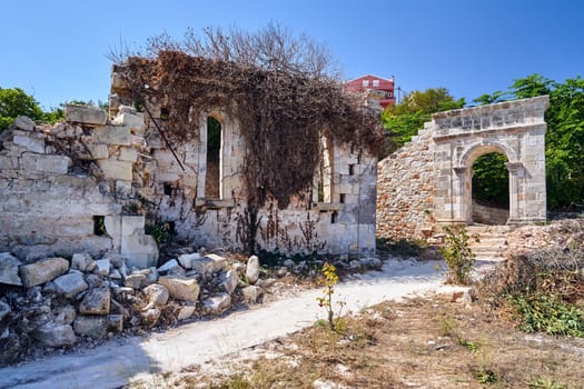 Stone ruins of an Orthodox church on the island of Kefalonia in Greece