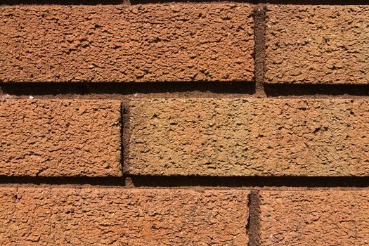 3 - Macro close up of golden orange brick wall. Lit by warm natural sunlight. Gritty and lumpy abstract background texture. Masonry brick laying.