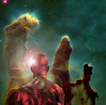 Surreal art. Man with electric circuit pattern on his skin stands before nebula in deep space. 3D rendering