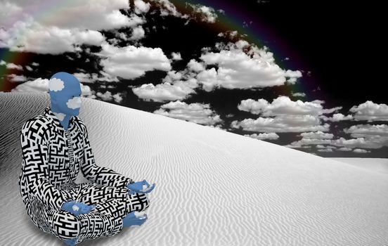 Surrealism. Figure of man in suit with maze pattern sits in lotus pose in white desert. 3D rendering