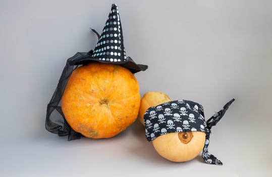 The Concept Of Halloween. An orange pumpkin in a Witch's hat and a pumpkin in a pirate bandana.