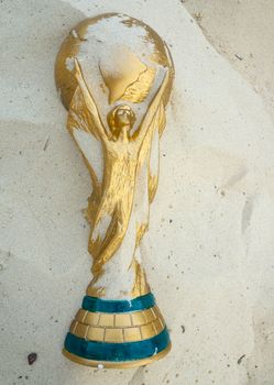 May 30, 2019. Doha, Qatar. FIFA World Cup trophy on sand. FIFA World Cup  2022  will be held in Qatar.