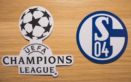 15 December 2018. Nyon Switzerland. The logo of the football club Schalke 04  Gelsenkirchen and UEFA Champions League.