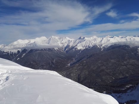 .Winter ski resort view of mountains and slopes.