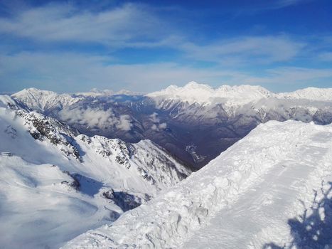 .Winter ski resort view of mountains and slopes.