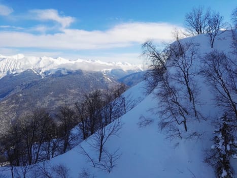 .Winter ski resort view of mountains and slopes.