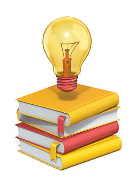 Books with light bulb 3D render illustration isolated on white background