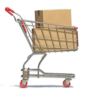 Shopping cart with cardboard boxes 3D render illustration isolated on white background