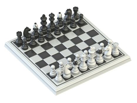 Chess board start position 3D render illustration isolated on white background