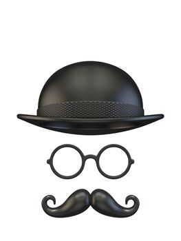 Cylinder hat, eyeglasses and moustaches 3D rendering illustration isolated on white background