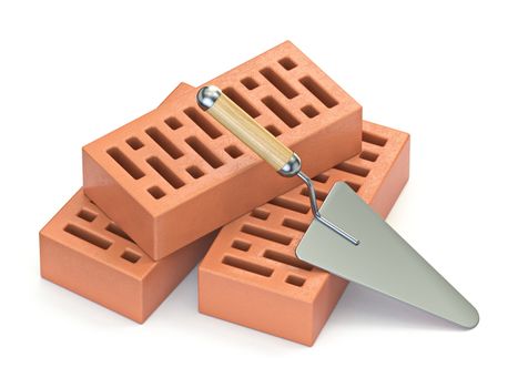 Trowel and bricks 3D render illustration isolated on white background