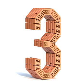 Brick wall font Number 3 THREE 3D render illustration isolated on white background