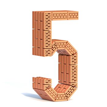 Brick wall font Number 5 FIVE 3D render illustration isolated on white background