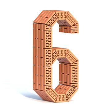 Brick wall font Number 6 SIX 3D render illustration isolated on white background