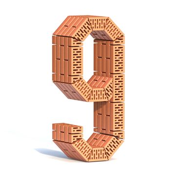 Brick wall font Number 9 NINE 3D render illustration isolated on white background