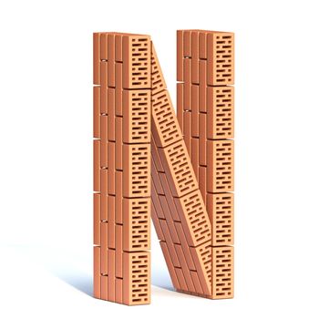 Brick wall font Letter N 3D render illustration isolated on white background