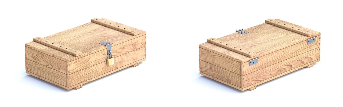Wooden boxes 3D render illustration isolated on white background