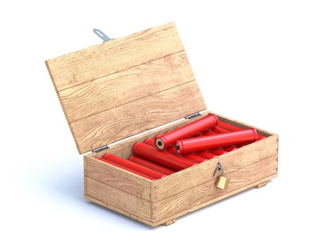 Dynamite in opened wooden box 3D render illustration isolated on white background