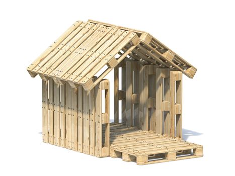 Wooden pallet house 3D render illustration isolated on white background