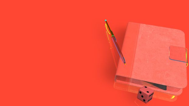 Beautiful book or note book with a pen on it. Book is on a colored background with shadow from light above. 3D rendered Illustration