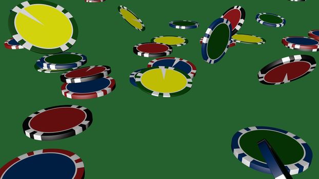 Set of poker chips of different colors and composition isolated on green background.