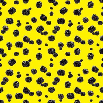 Falling Bramble Seamless pattern. Fresh Falling blackberry seamless pattern. Square pattern with fresh wild berries isolated on yellow background. flat lay.